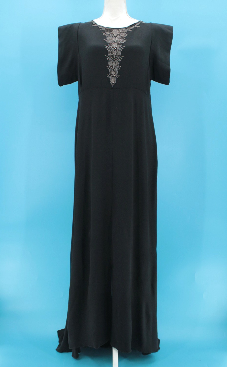 VTG Women’s 30s Black Rayon Beaded Front Maxi Dress / Gown Sz S/M 1930s