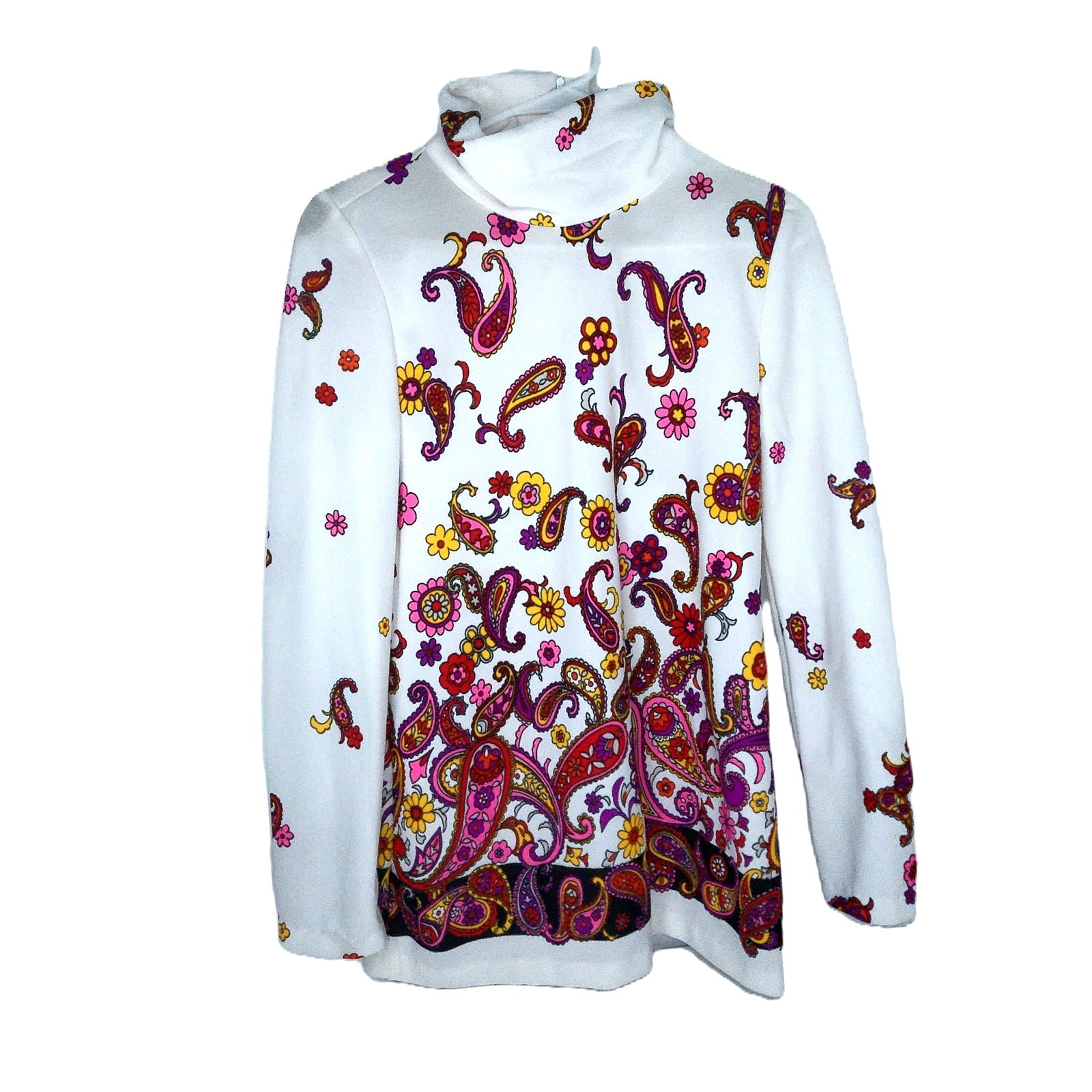 Vintage 70s Psychedelic Paisley Floral Top Retro Hippie Boho High Neck Blouse