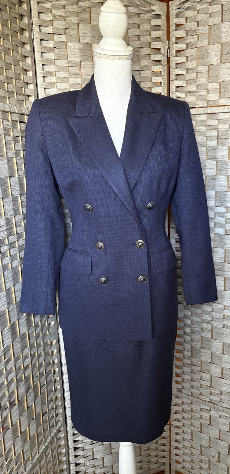 Working Girl Breckenridge VTG Navy Double Breasted Jacket Skirt Suit 70’s 2P/6P