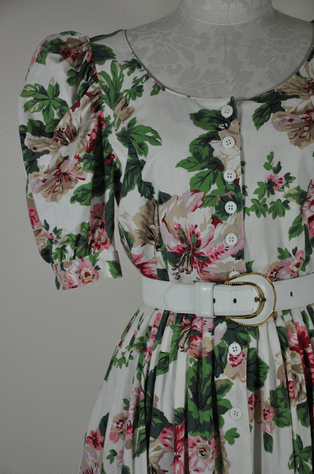 80s Vintage Pink Green Hibiscus Floral Puff Sleeve Romantic Midi Dress Women M L