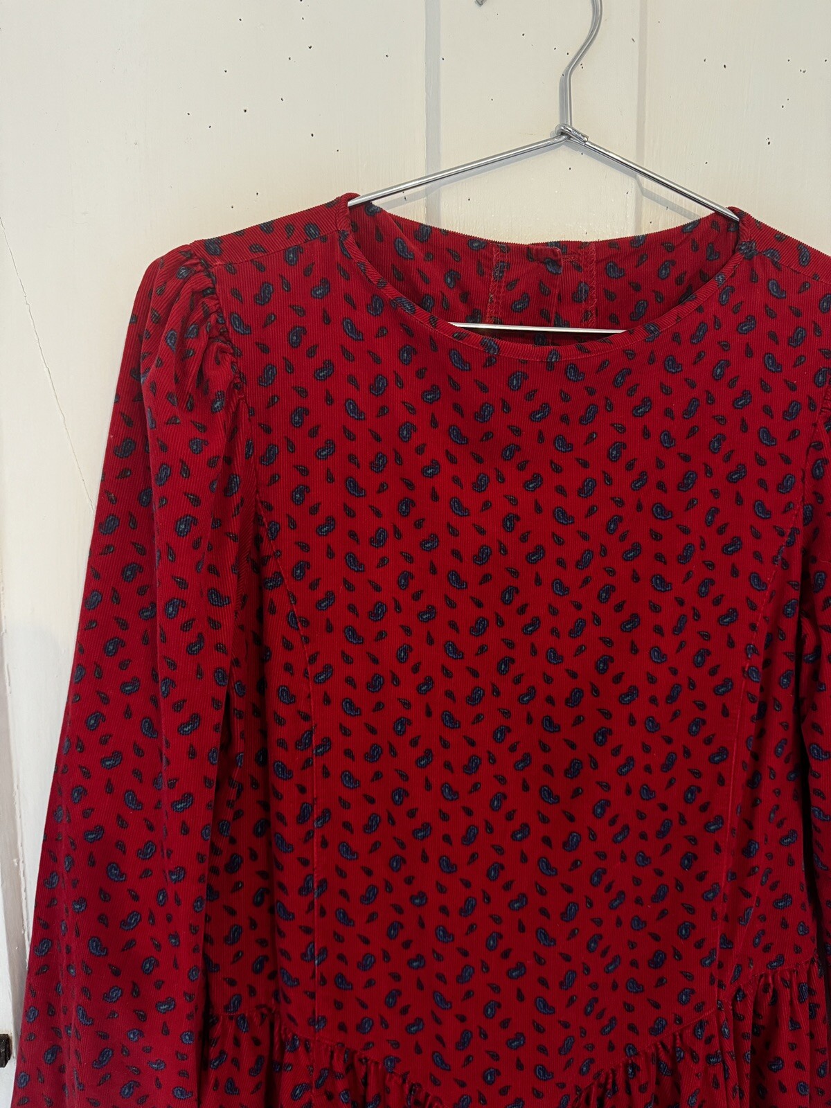 Vintage LAURA ASHLEY Red Paisley Corduroy Dress Square Collar UK 10 US 8