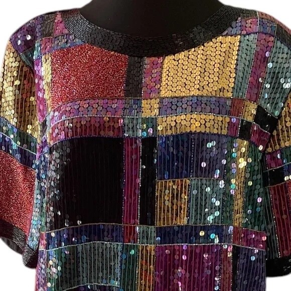 Vintage 80s Jean for Joseph Le Bon Silk Color block Beaded Sequined Blouse, Med