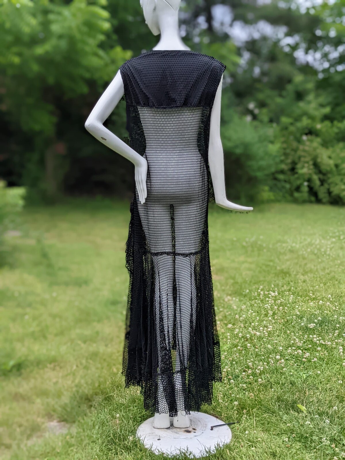 ALLURING FLAPPER 1920’S BLACK FISHNET DRESS W DRAPE TAILS AT SIDE 