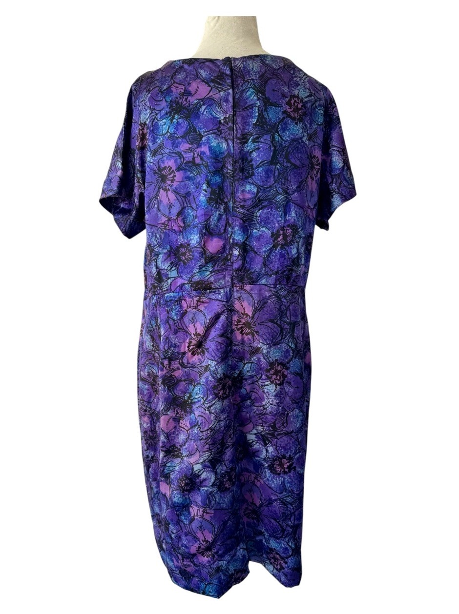 Vtg 60s Purple Blue Floral Dress XL Midi Handmade 50s Retro Rockabilly