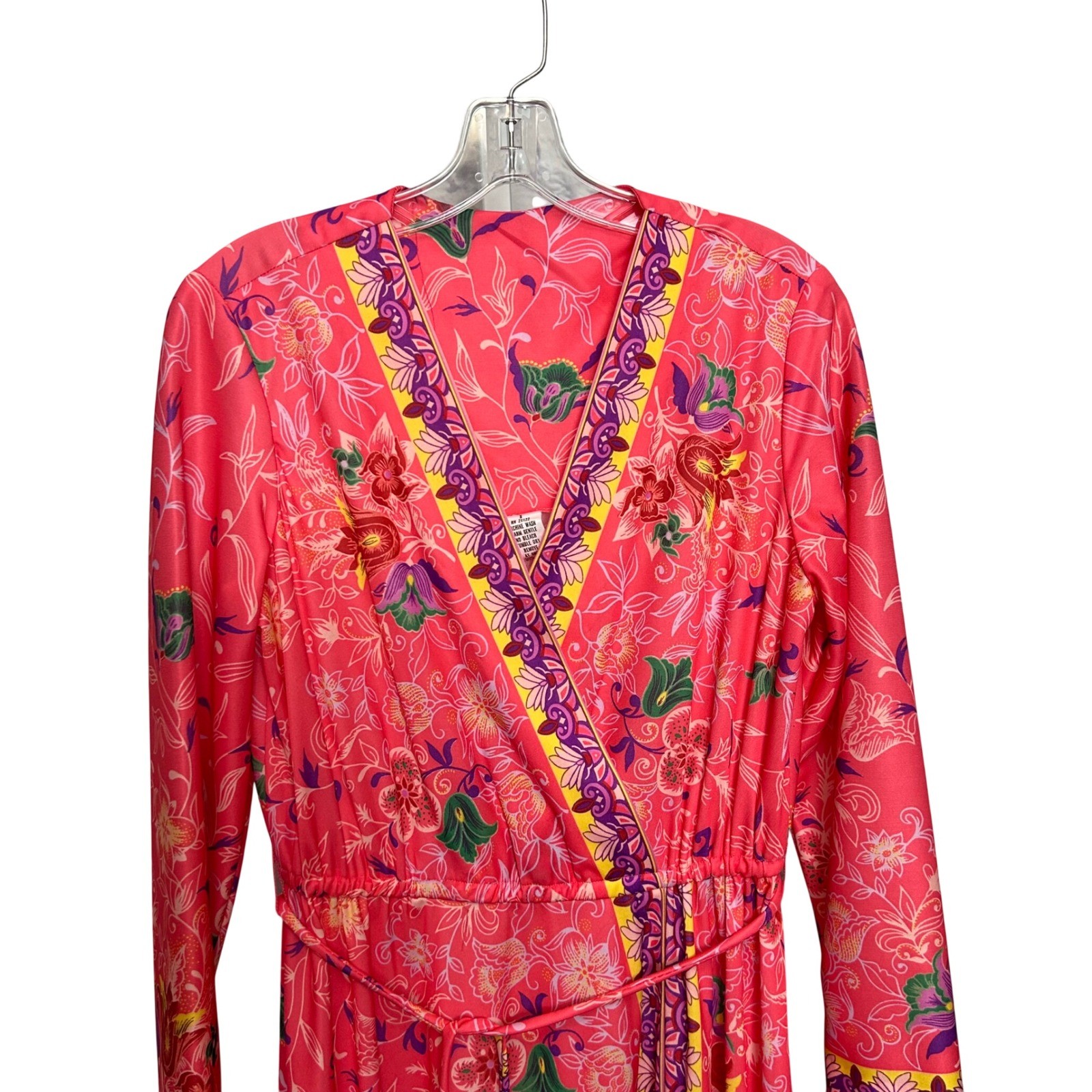 Vintage 70s Pink Floral Faux Wrap Midi Dress Long Sleeve Size 14 BOHO
