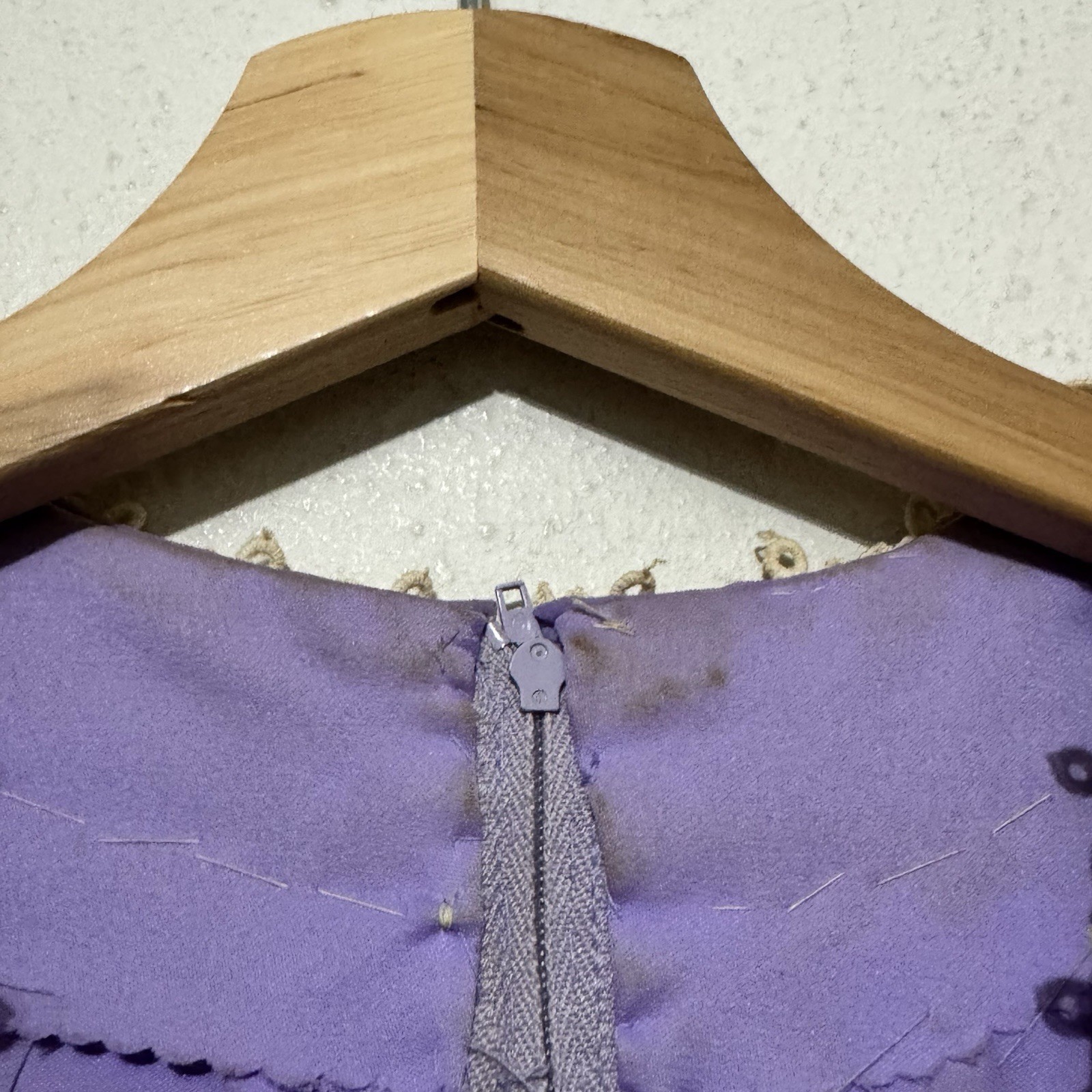 Vintage 60s Maxi Dress Purple chiffon size XS handmade crochet lace detail