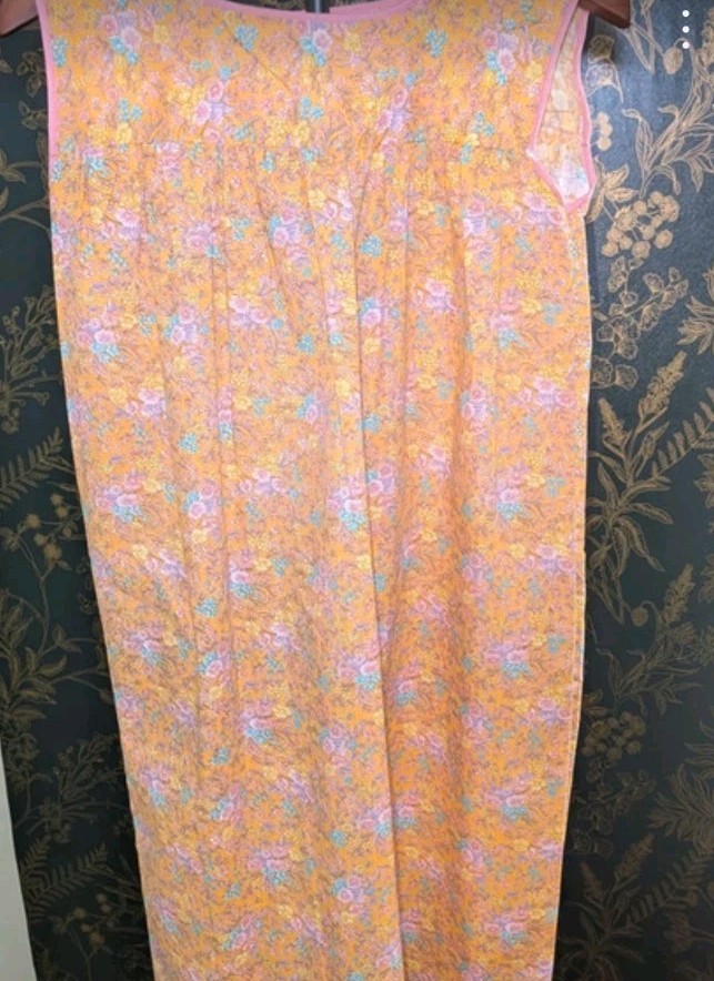 Vintage Peach Floral Sleeveless House Dress Shift with Pink Trim Blue Accents
