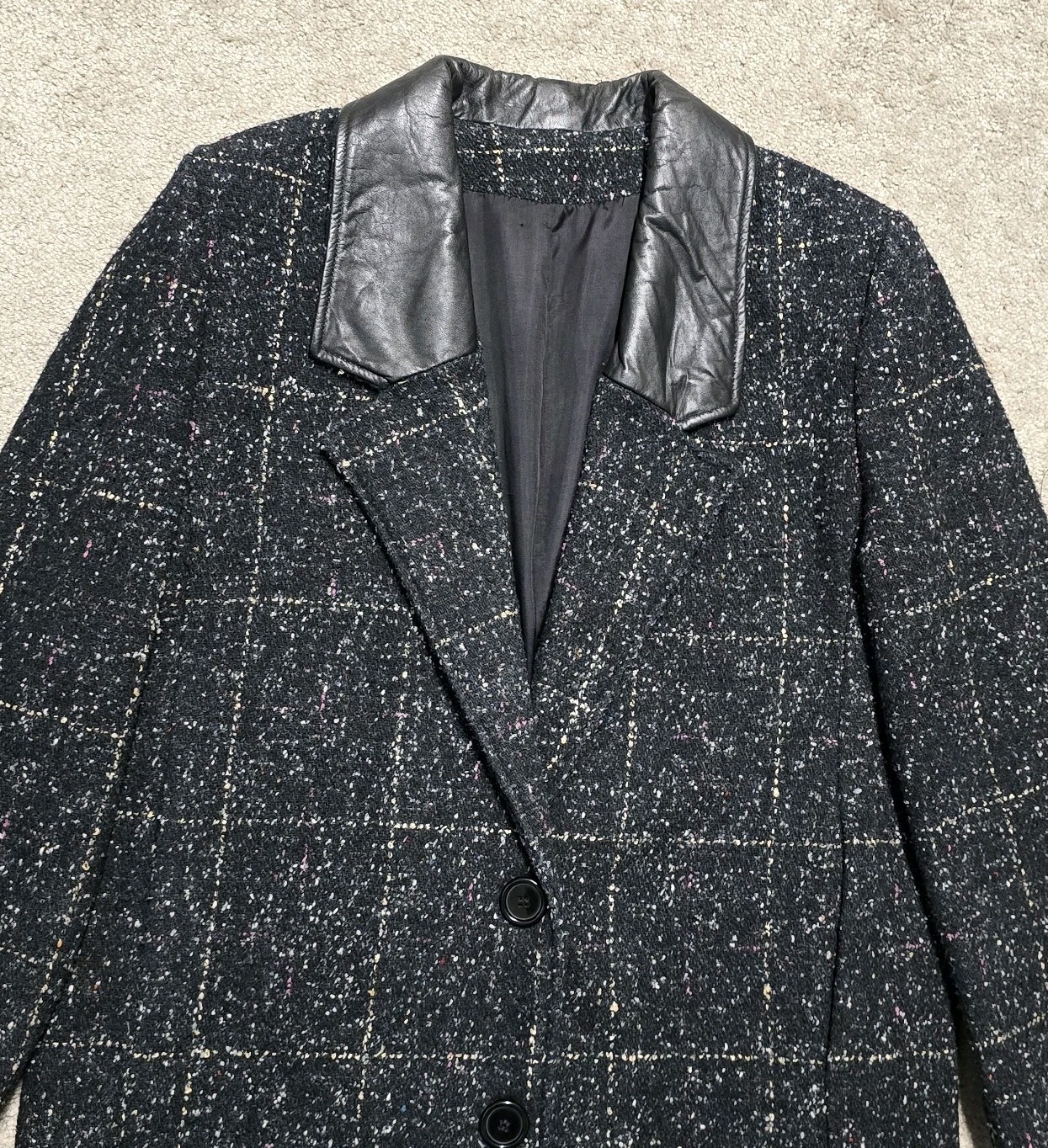 Vintage Coat 80s Long Oversized Black Tweed Blazer Jacket Leather Collar Sz 8
