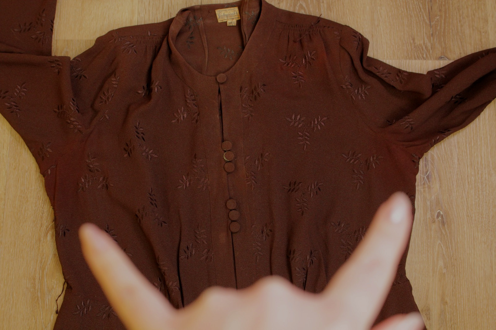 VTG Women’s 30s Brown Embroidered Long Sleeve Rayon Dress Sz XL 1930s Ladycraft