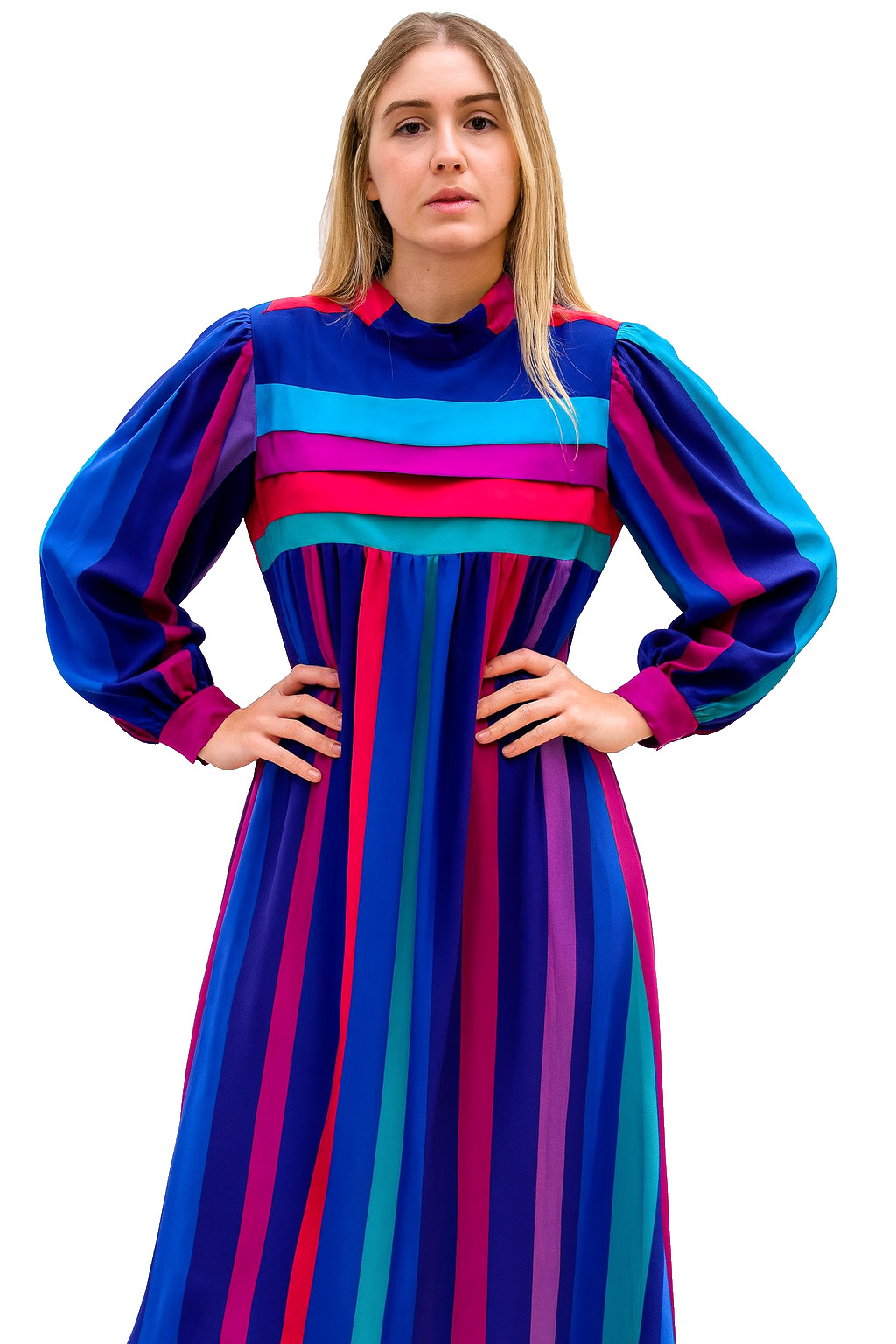 VTG 80s Amy Adams Striped Sheer Belted Puff Sleeve Dress Green Blue Pink M/L 44