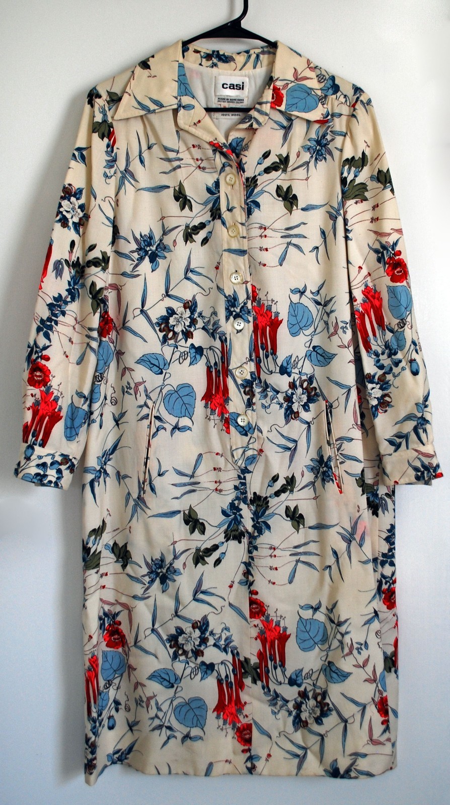 Vtg 1960’s Casi Floral Cream Belt Dress 100% Wool Nacre British Hong Kong Sz 16