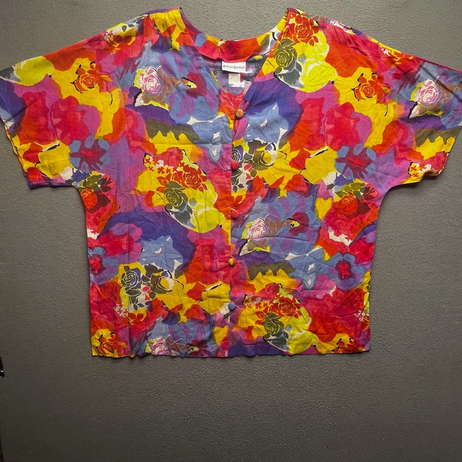 Adrian Jordan Women Blouse Rayon Floral Watercolor 22/24 Vintage 90s Art to Wear