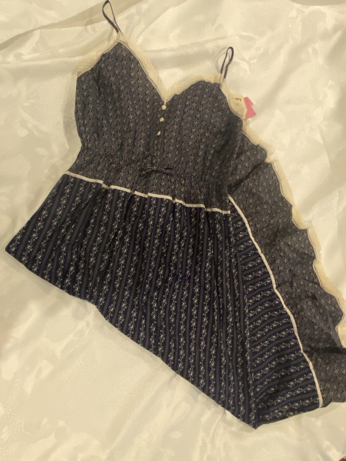 JCPenney navy cotton sun dress spaghetti straps floral lace prairie NWT Large