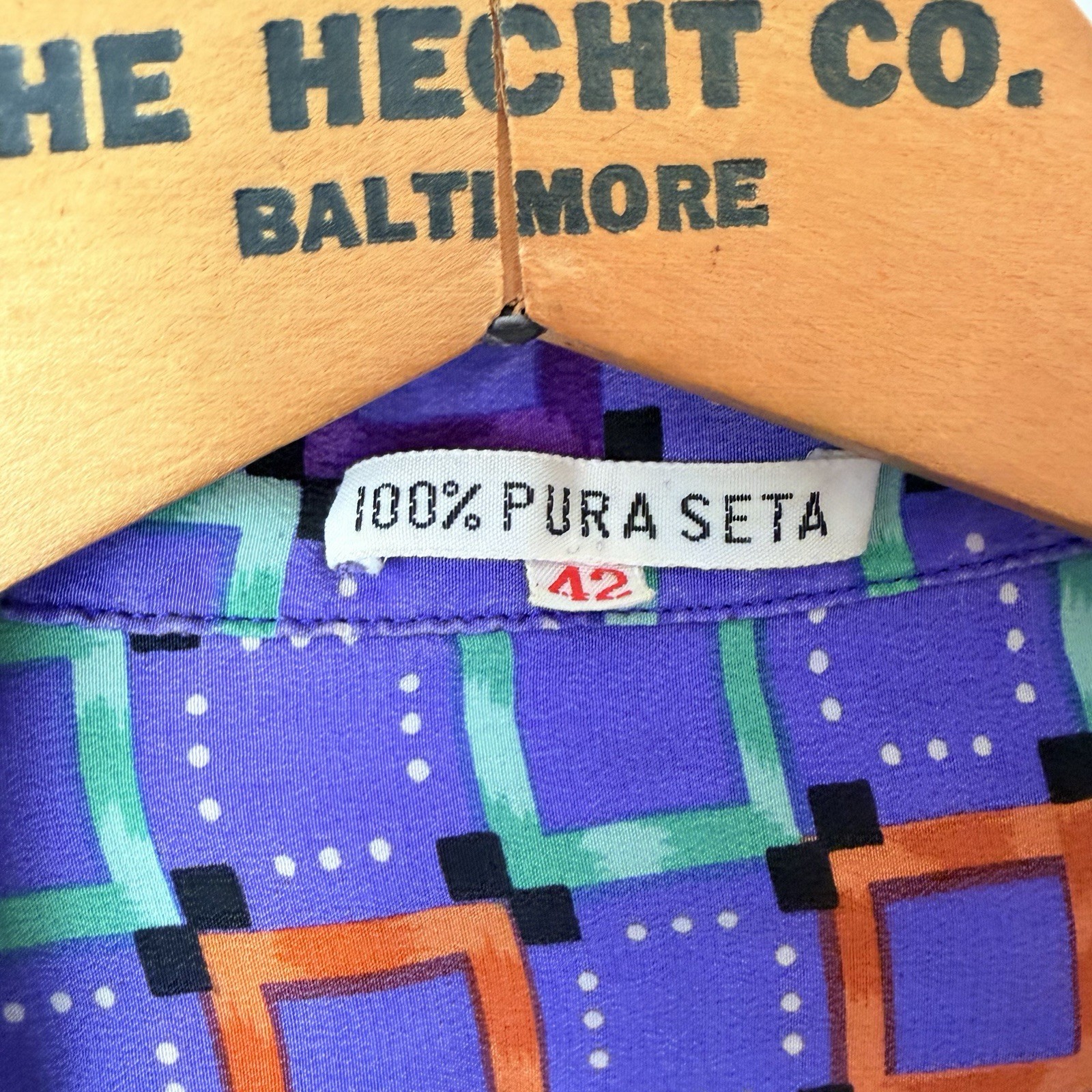 Vintage 90s Pure Silk Geometric Blouse Purple Memphis Art