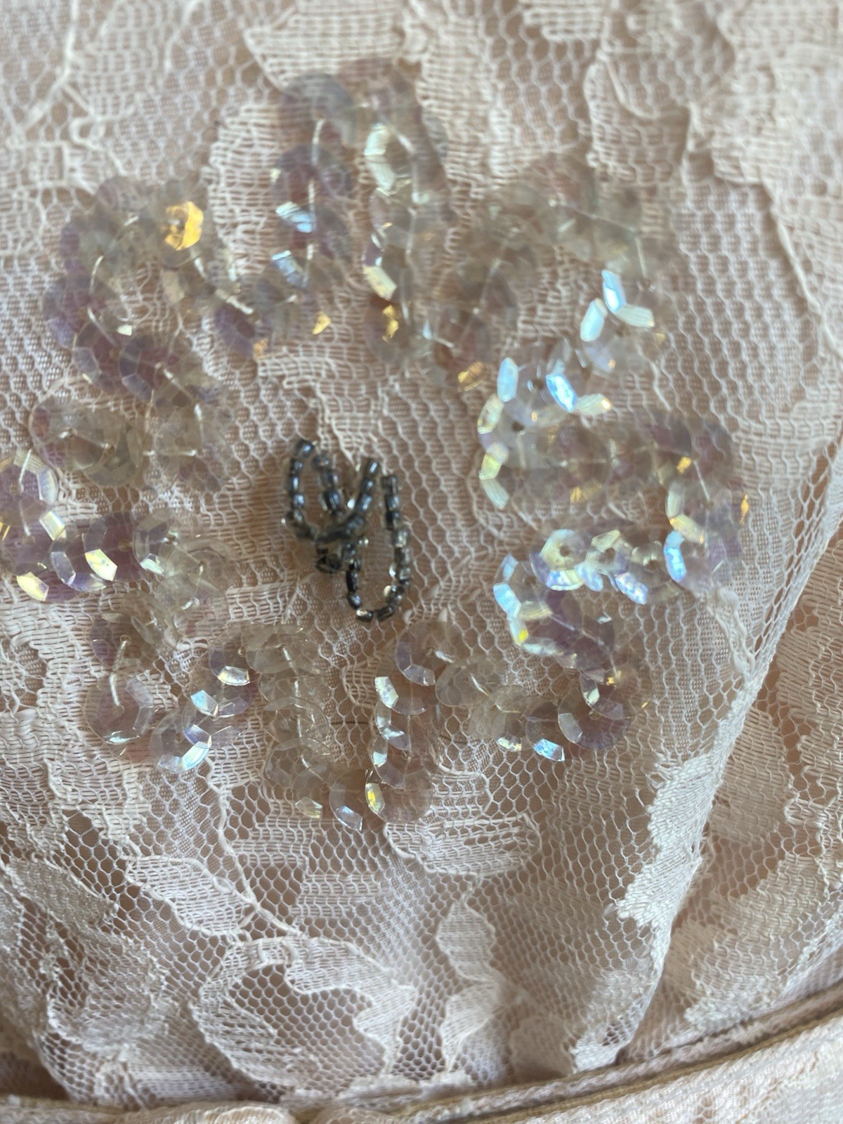 True VTG Handmade 50’s lace Rhinestone Cocktail Dress Ivory Peach 46” Bust