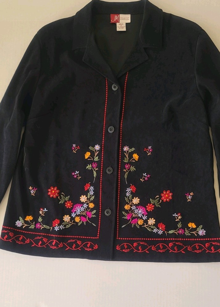 Vintage black Faux Suede Top Jacket Embroidered Red Pink Yellow Flowers. size 12
