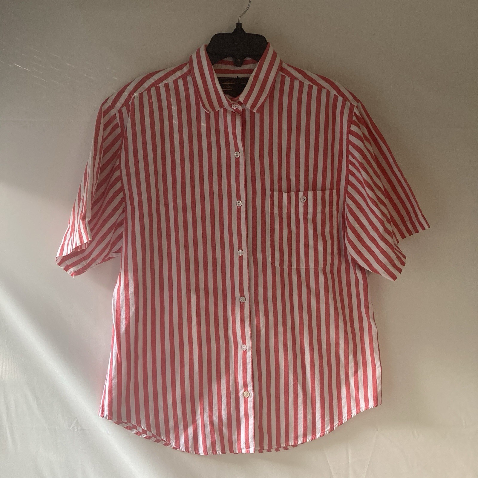 VTG Eddie Bauer Red Striped Short Sleeve Shirt Womens Med Preppy Quiet Luxury