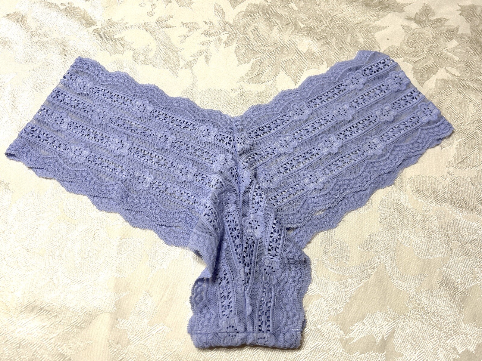 Vtg Unbranded Embroidered Floral Stretch Lace Sz 9 Blue Hipster Panties #244