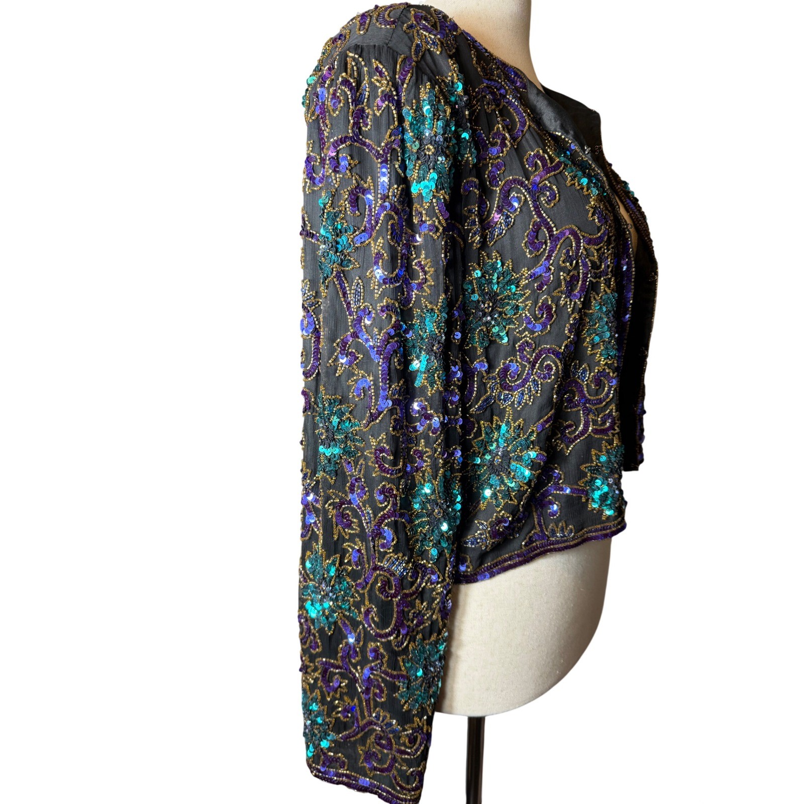 Scala Beaded Sequin Silk Jacket Womens M Black Teal Purple Excellent Vintage