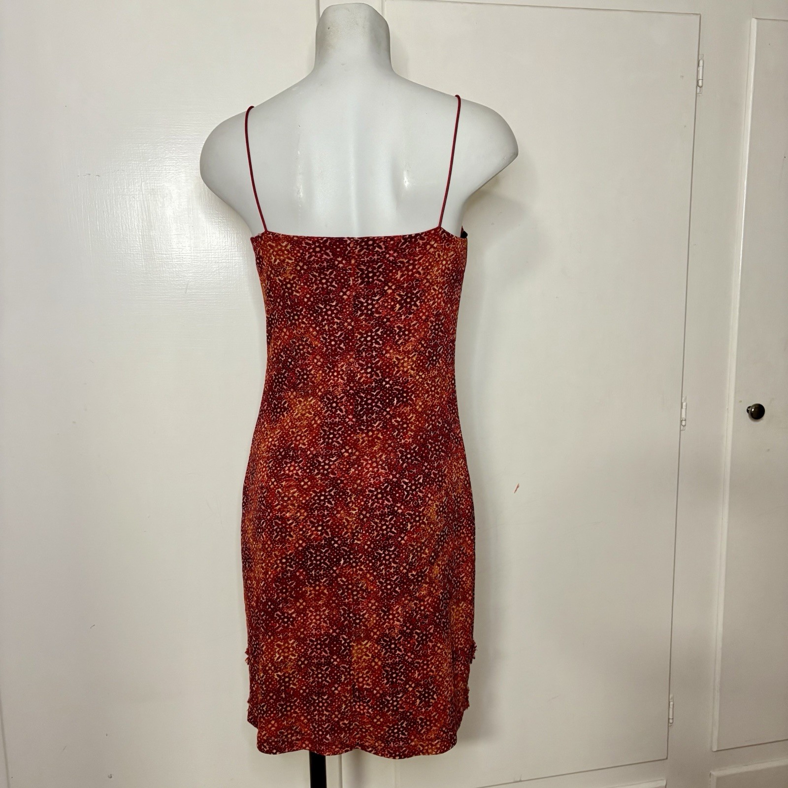 Vintage 90s IZ Byer California Red Mesh Boho Print Spaghetti Strap Mini Dress
