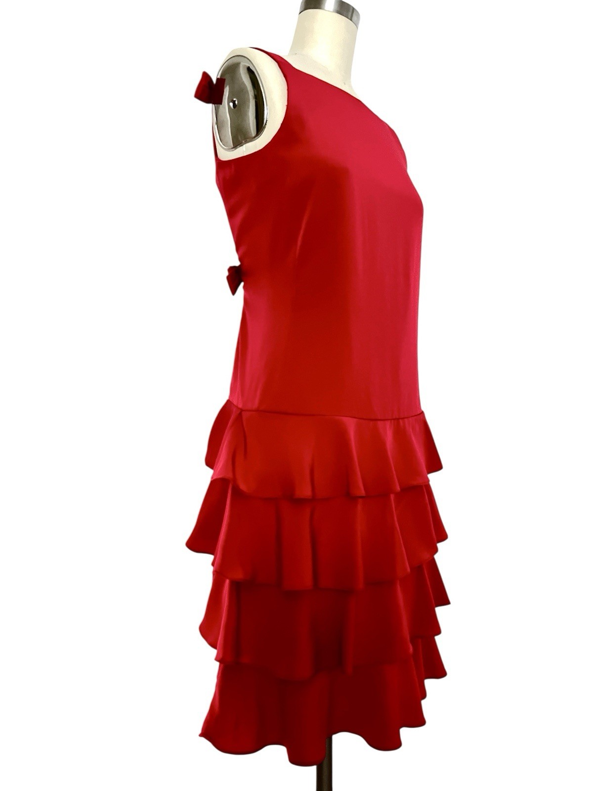 VTG Martin Ross 80s/90s Sz 4 XS/S Red Coquette Shift Dress Ruffle Bows Open Back
