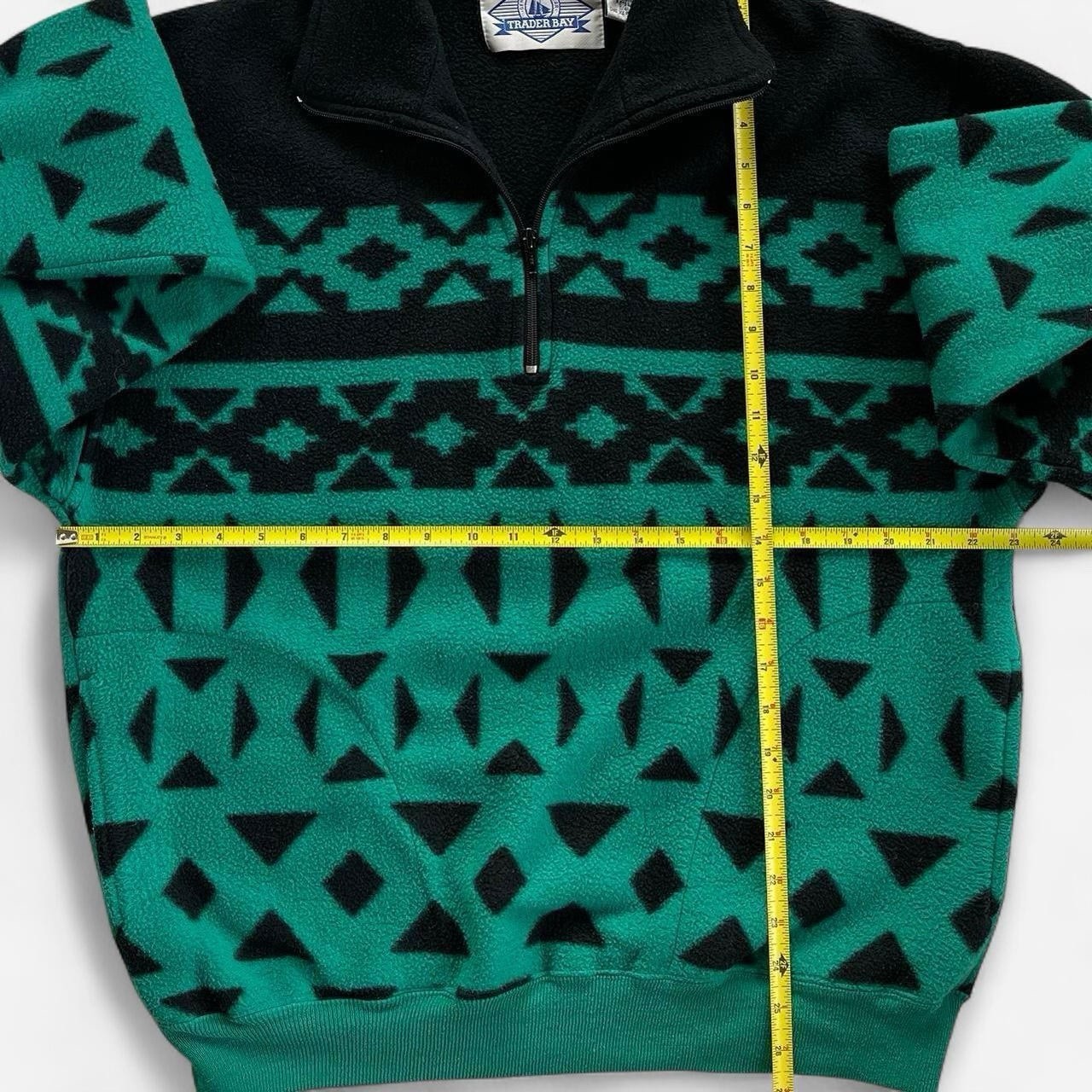 Vintage Trader Bay Black Green Aztec Collared Half Zip Fleece Pullover Sweater