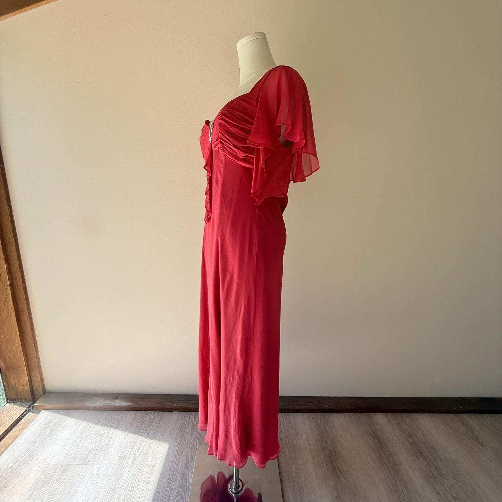 Vintage 100% Silk Dress Red Pink Beaded Flutter Sleeve Adrianna Papell