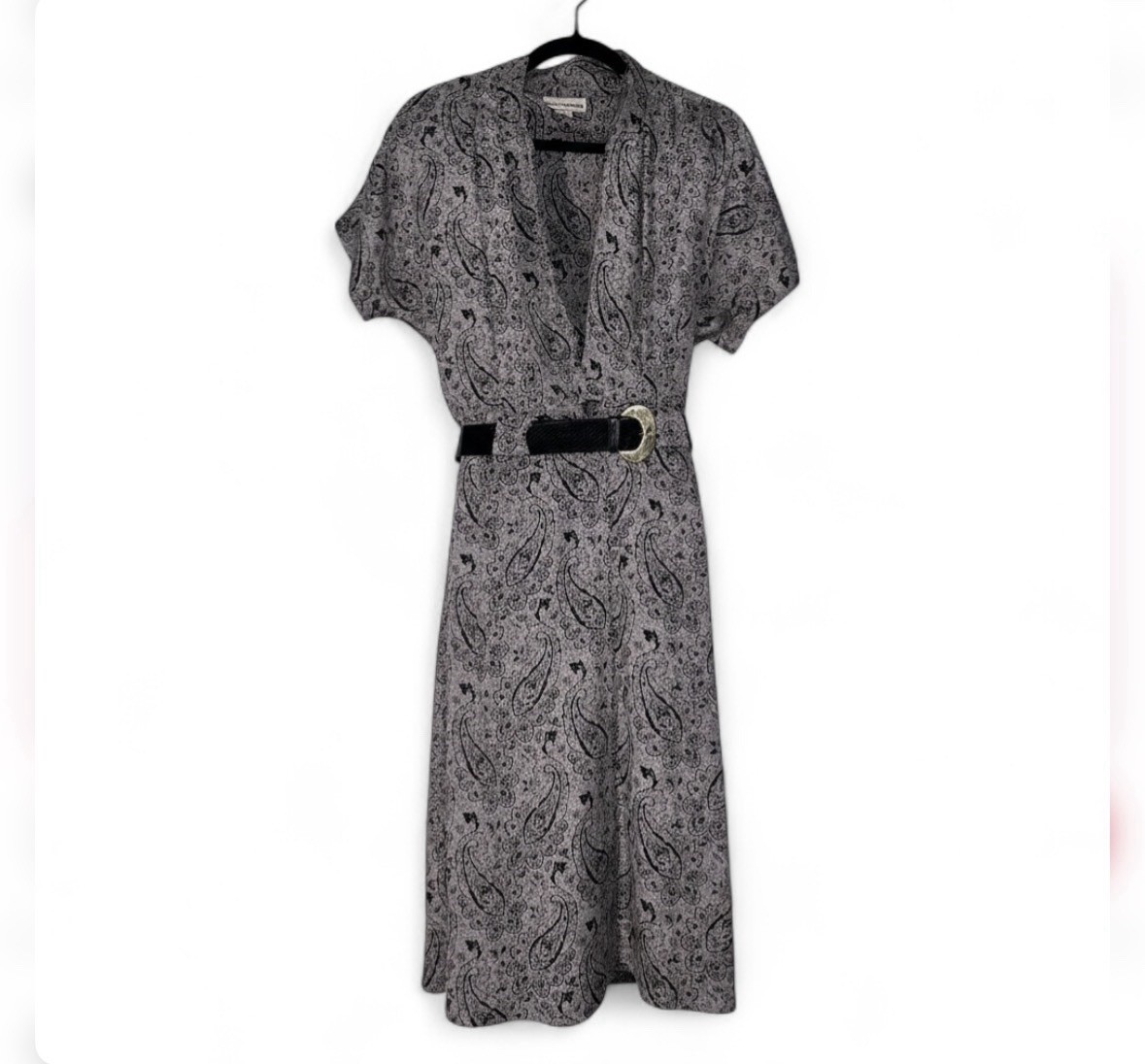 Vintage 80s Grey and black paisley print midi wrap dress with belt