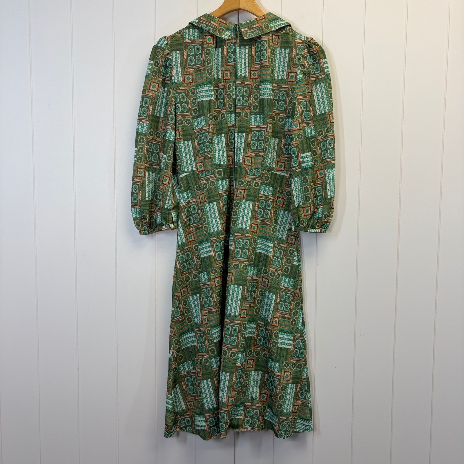 Retro Handmade Mosaic Midi Dress Womens M Green Psychedelic Mod Twee 70s Vibes