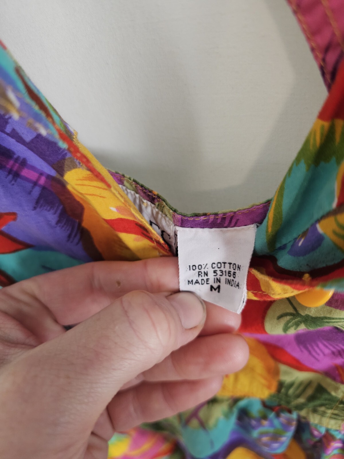 90s Vintage Dress Peek Hole Back Tropical Print Button Front Flare Pockets M
