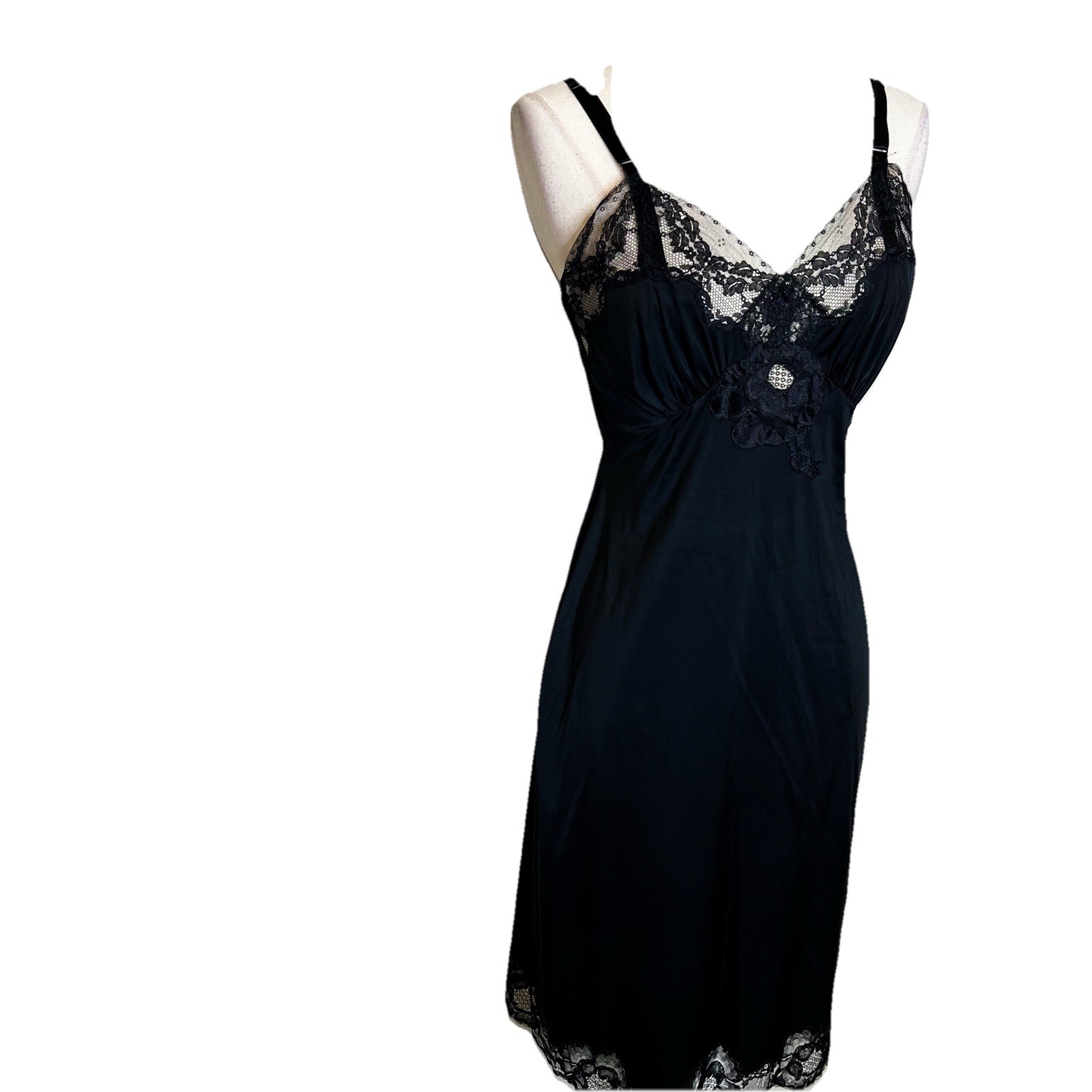 Vintage 50s Shadowline Size 32 Lingerie Satin Nylon Lace Slip Dress Gothic Glam