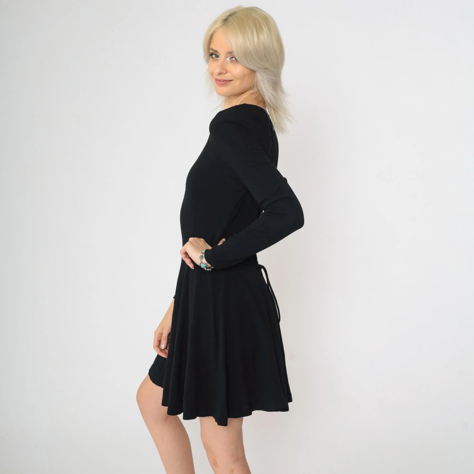 90s Norma Kamali Black Dress Vintage A-Line Skater Lace-Up Back Long Sleeve Scoo