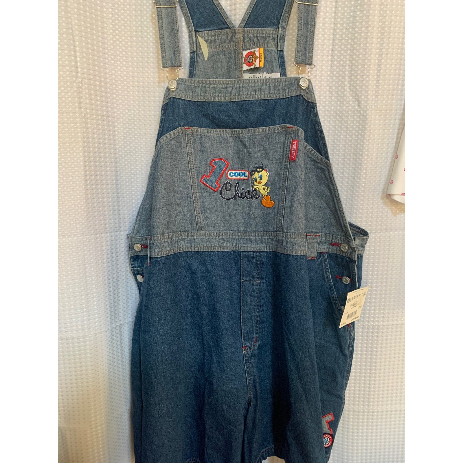 Looney tunes wb women 26-28 blue denim shortalls tweety bird