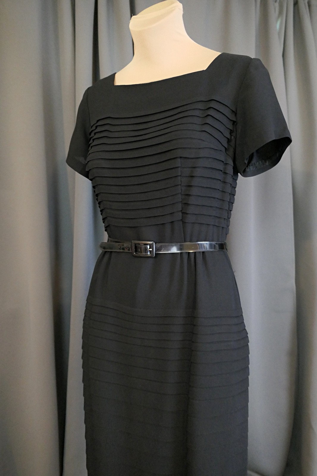 Vintage 1950s Black Pleated Dress, Hourglass Fitted, Gloria Swanson, 35 bust