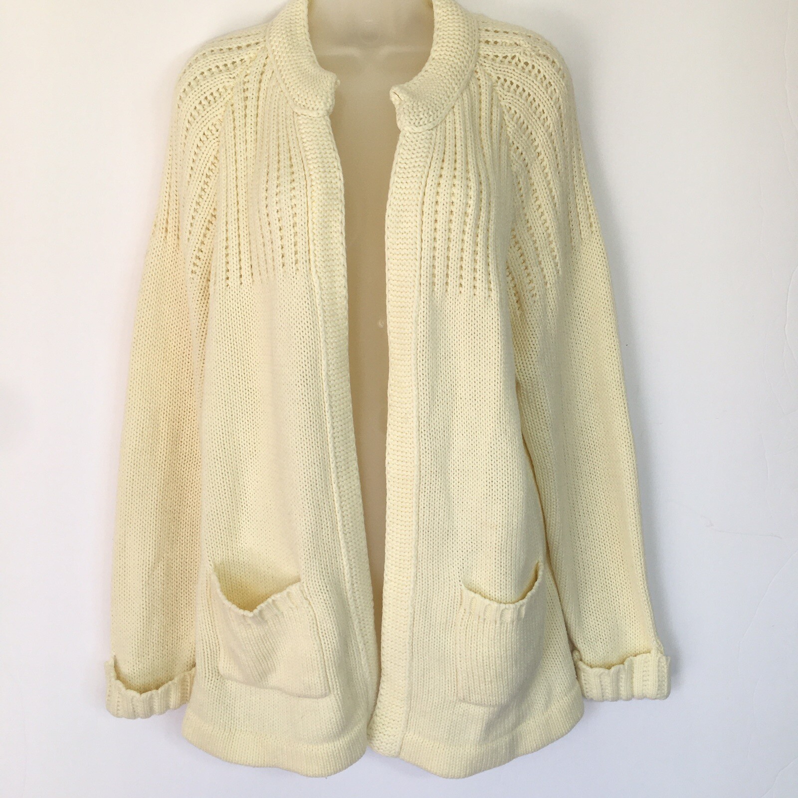 Queen Bee Womens Open Front Acrylic Off White Sweater Jacket Sz L/XL Vintage