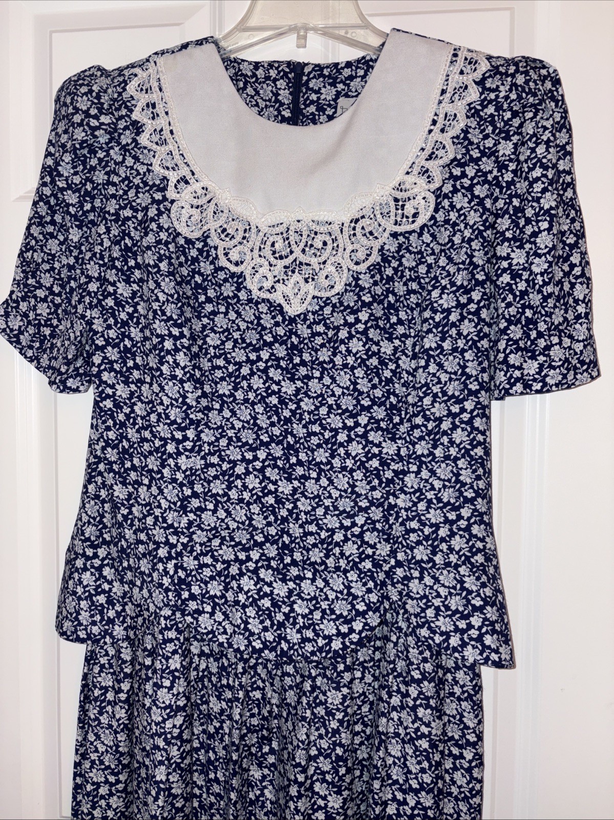 Vintage Miss Dorby Dress Lace Collar Cottagecore 80s Blue/White Floral Sz 10.