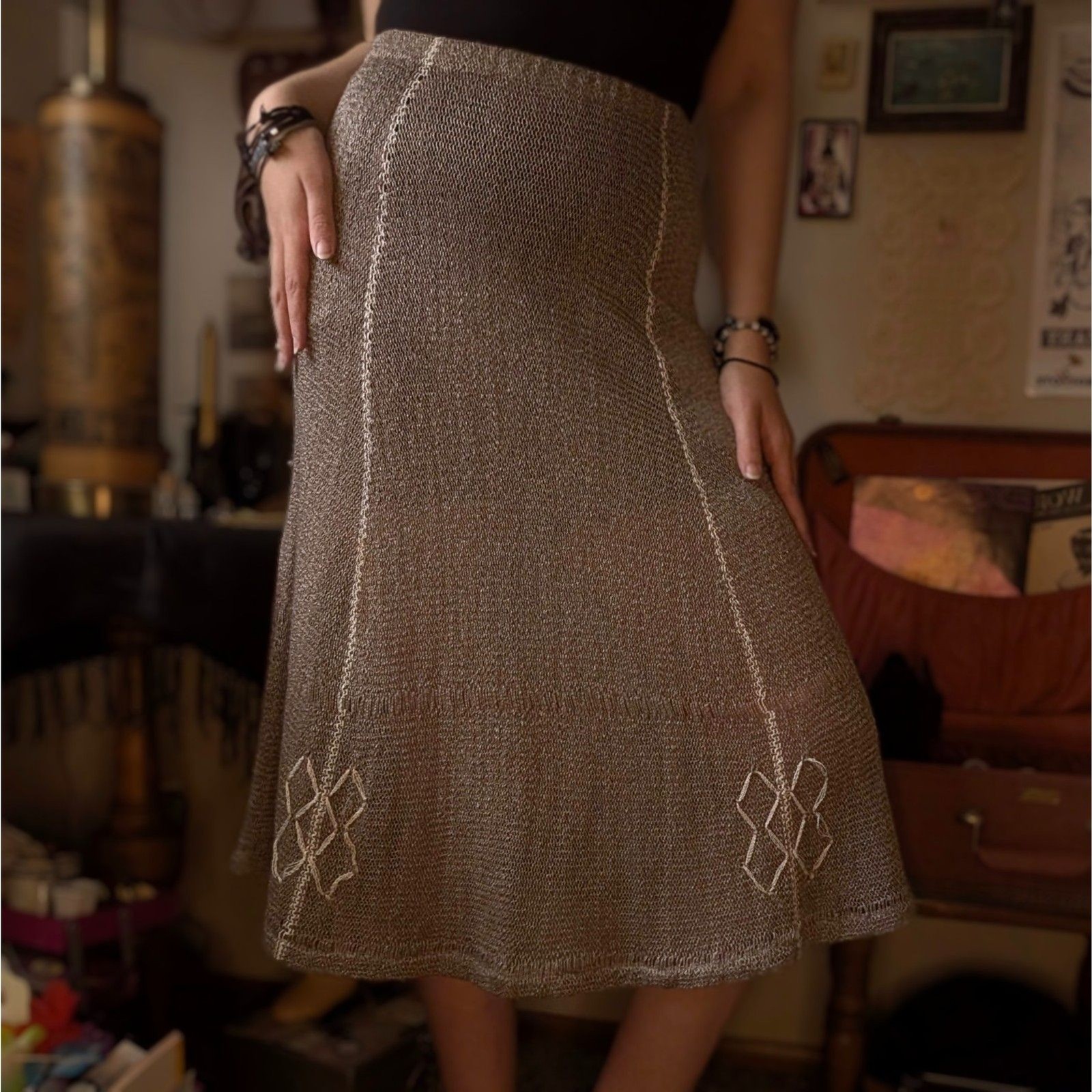 Vintage Mary Farrin Crochet Knit Midi Skirt Women’s Small Light Brown Cream 70s