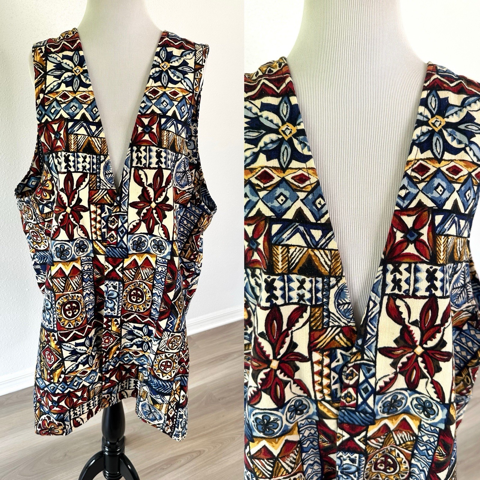 Vintage Long Open Front Vest Tiki Barkcloth Hawaiian Fabric Handmade 47” Bust