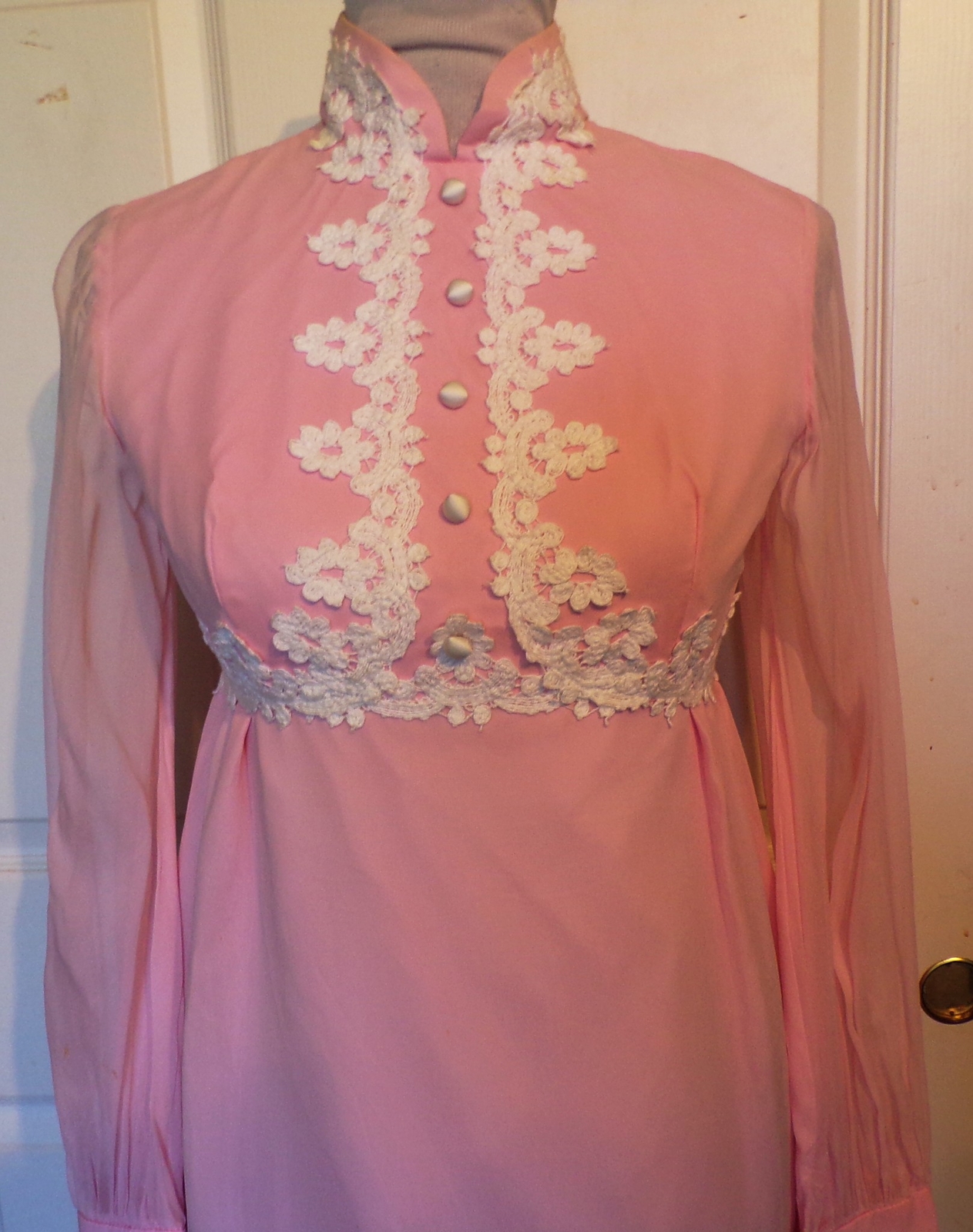 Vintage 60s Pink Chiffon White Lace Long Dress B34 Empire Waist