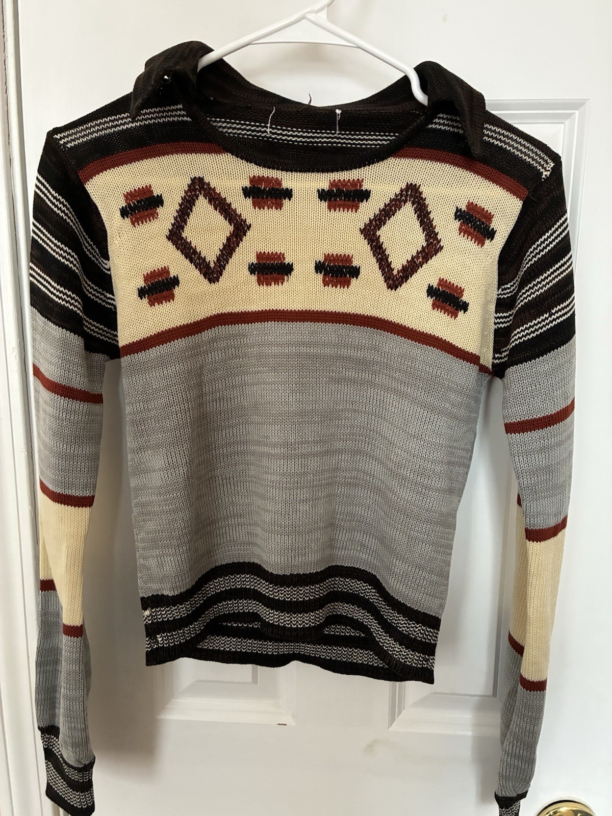 Vintage Retro Nordic 70s Cozy Cabin Aesthetic Collared Geometric Sweater Top