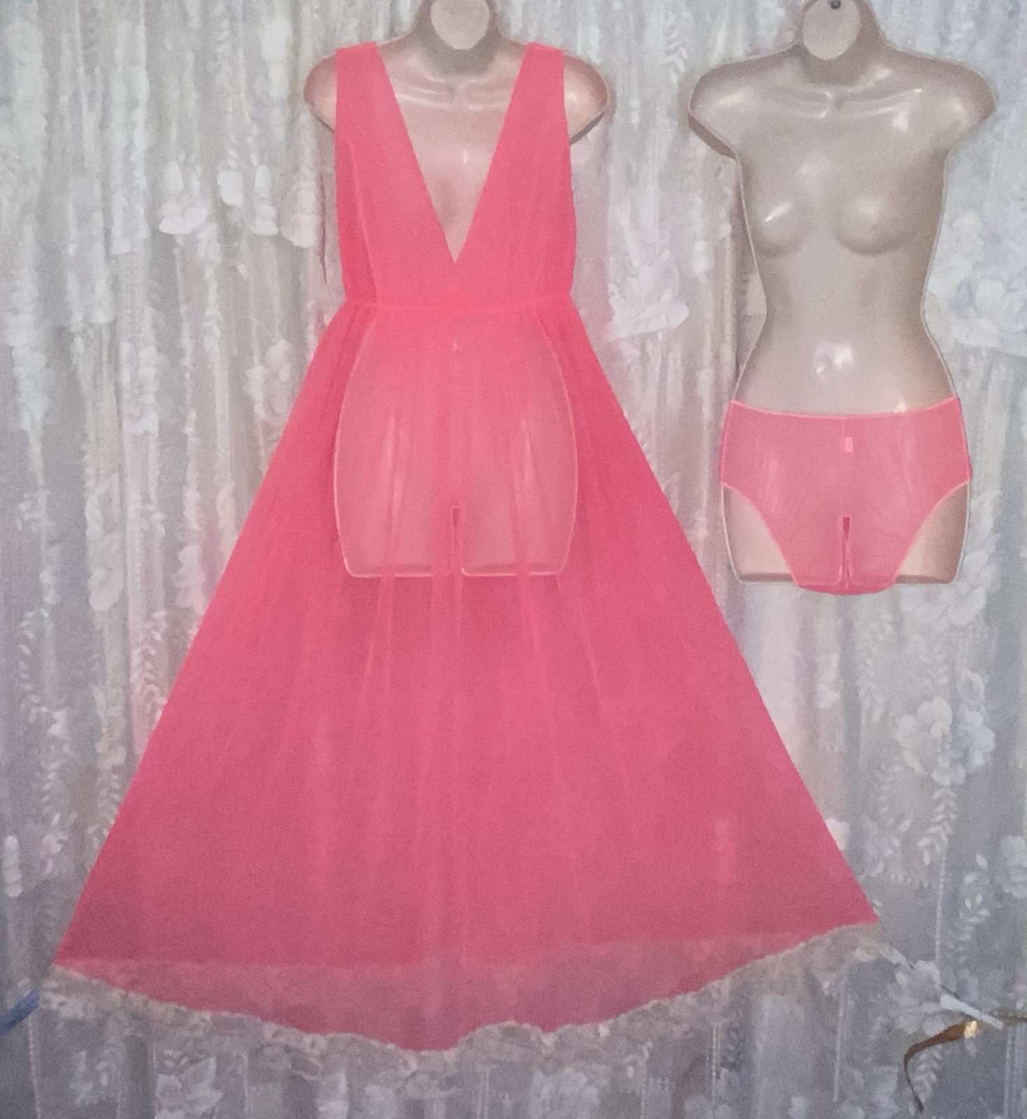 VTG NWOT L XL NEON CORAL Ultra Sheer Chiffon Full Sweep Nightgown w Panties Set