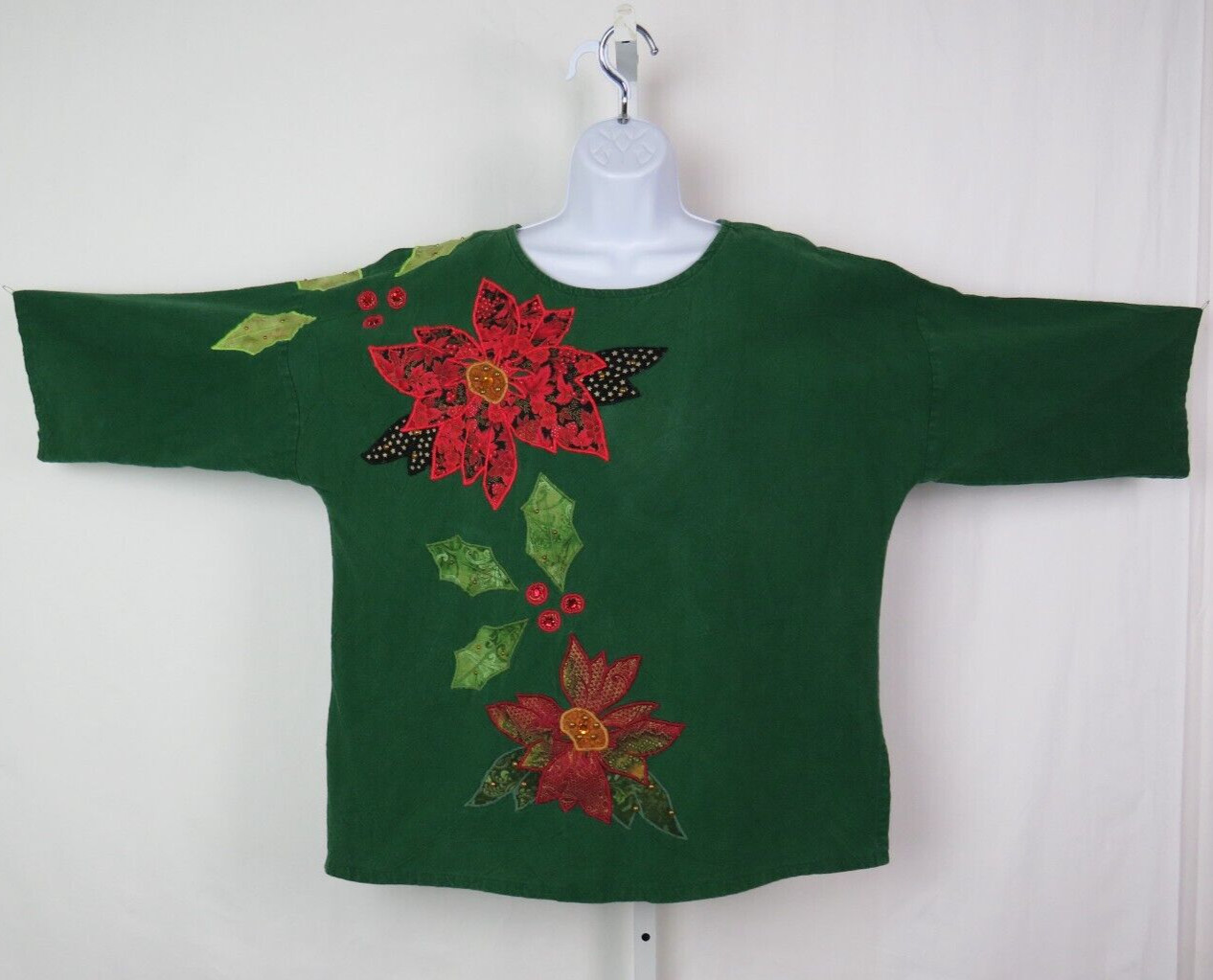 VTG 1970s 80s ALFREDO’S WIFE GREEN COTTON BOHO HIPPIE SMOCK TOP TUNIC POINSETTIA