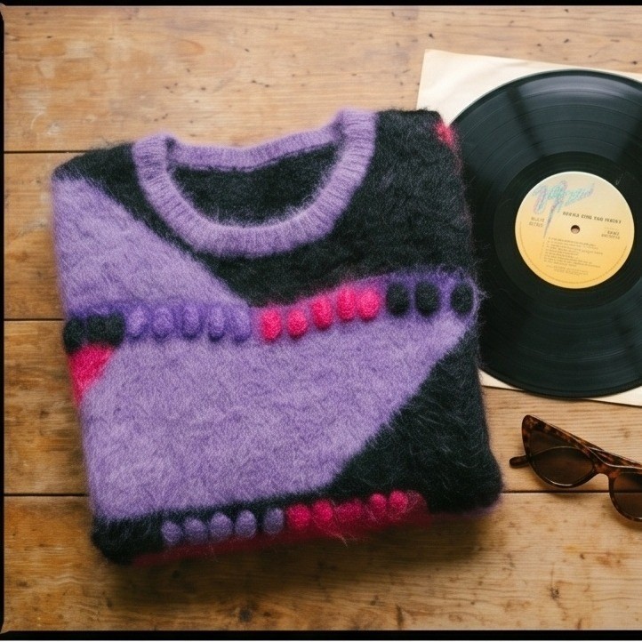 Vintage 80s L Angora Lambswool Abstract Colorblock Fuzzy Sweater Purple Pink