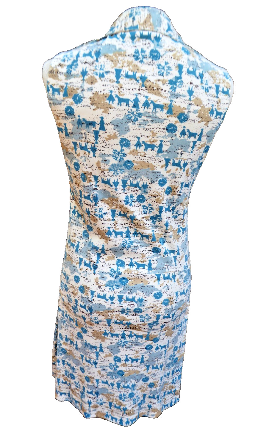 VTG 60s 70s Handmade Novelty Print Shift Dress Blue White Sleeveless Mod Small