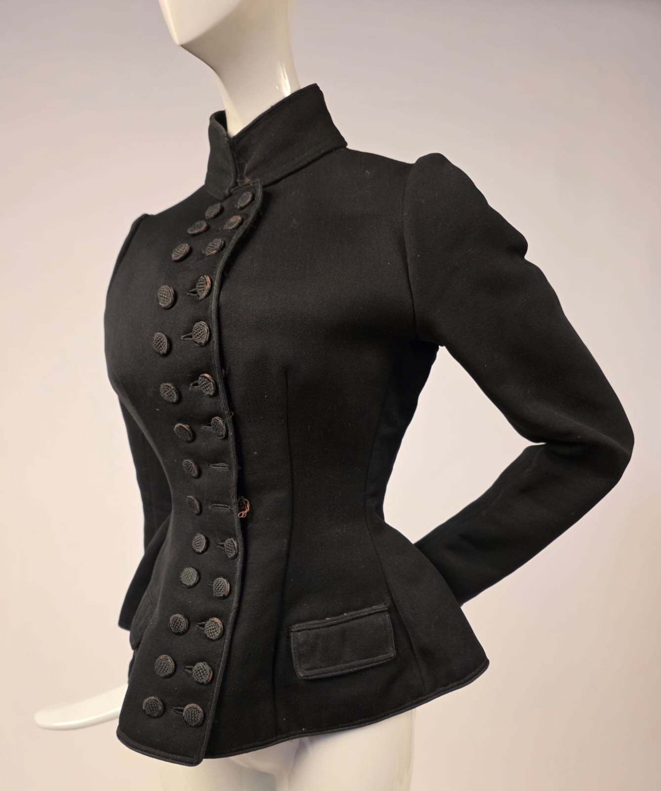 VICTORIAN 19TH C BLACK THICK JERSEY DBLE BUTTON BUSTLE BACK JACKET