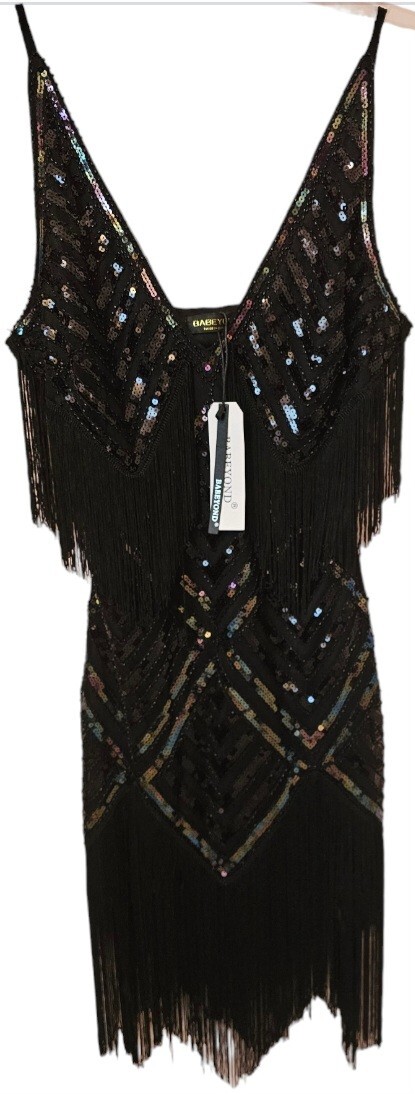 Babeyond 1920’s Style Black Sequined Fringed Flapper Cocktail Dress Sz M