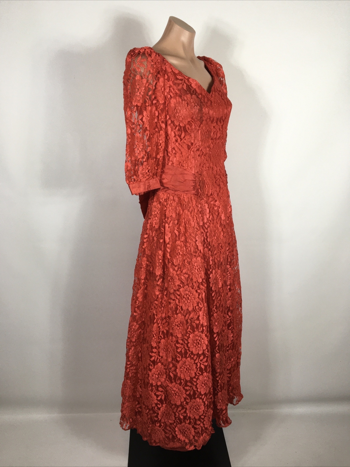 VTG 80s Prom Red LACE PUFFY BUBBLE SLEEVE Party Formal Bows Evening Dress Gown S