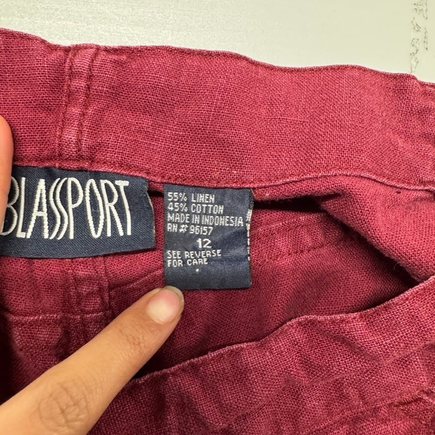 Blassport Vintage Burgundy Linen Cotton Blend Elastic Waist Shorts Womens 12