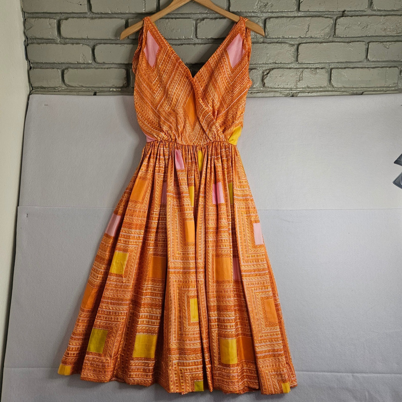Vtg Anne Fogarty Silk Saks Fifth Avenue Orange Geometric Fit Flare Dress 50s 60s