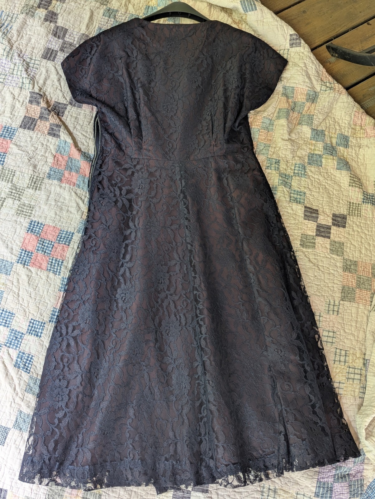 Trulie Young Vintage 50’s Blue Floral Lace V-Neck Bow A-Line Dress